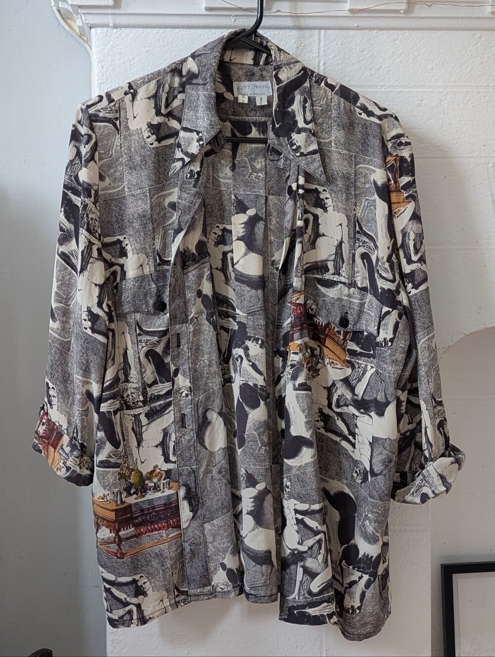 100% Silk Designer Vintage Centaur Greek Statue Button-down Blouse - Medium